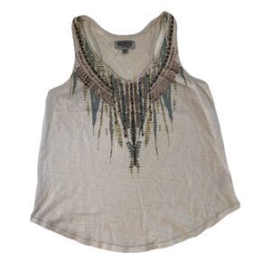 Ecote Urban Outfitters Women Boho Beaded V-Neck Tank Top Cream Tribal Pattern M